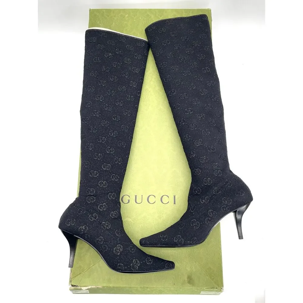Gucci Demi Black GG Logo Metallic Stretch Knit Over-the-Knee Sock Boots IT 39.5
